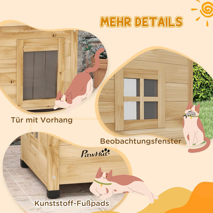 PawHut Katzenhaus aus Holz Winterfest wasserdicht Katzenhütte mit Asphaltdach Fenster Türvorhang Erh