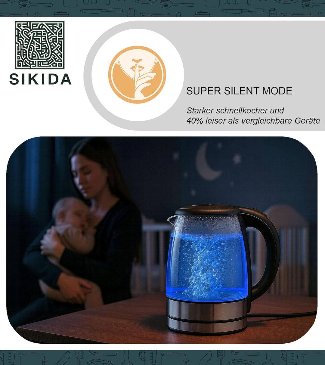 Glas Wasserkocher 1,8L - sehr leise - zertifiziert BPA-frei, 360° drehbare Basis, LED-Beleuchtung, B