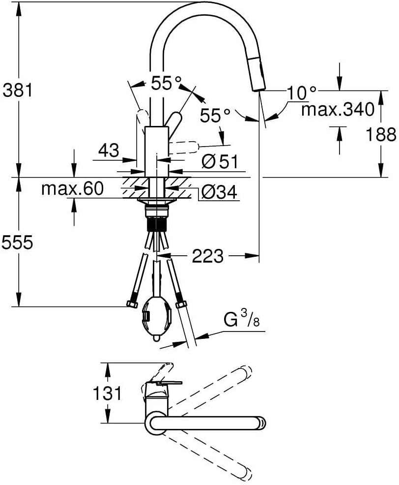 GROHE Get | Küchenarmatur - Einhand-Spültischbatterie, mit herausziehbarer Dual Spülbrause | C-Ausla