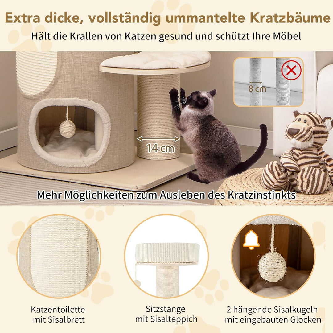 COSTWAY Kratzbaum, Katzenbaum mit 2-stöckiger Kratztonne, Hängematte, abnehmbarem Bett, Sisalbrett,