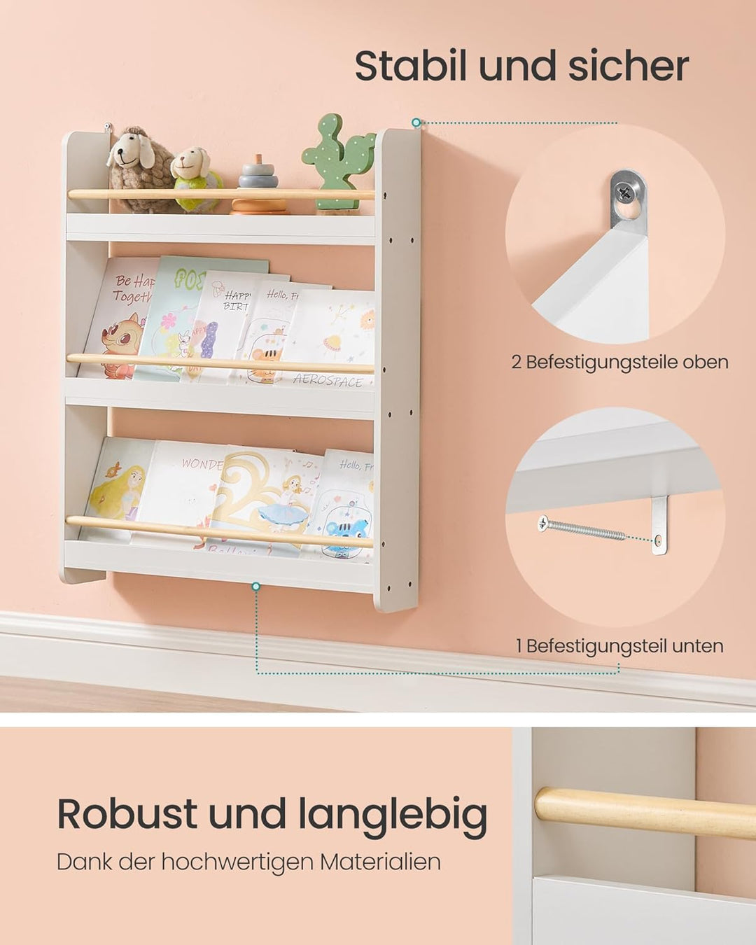 SONGMICS Bücherregal Kinder, Kinderregal mit 3 Ebenen, Spielzeugregal, Wandregal, für Kinderzimmer,