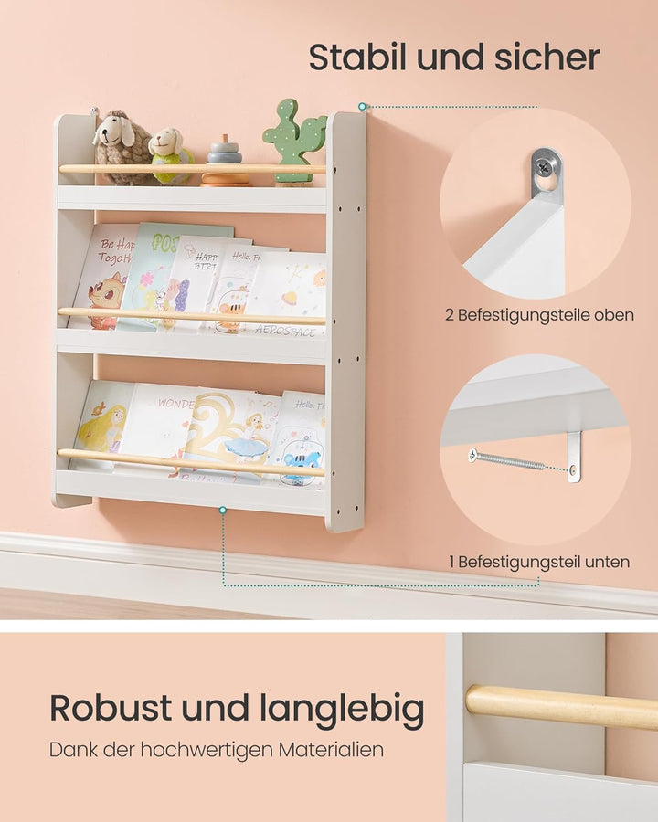 SONGMICS Bücherregal Kinder, Kinderregal mit 3 Ebenen, Spielzeugregal, Wandregal, für Kinderzimmer,
