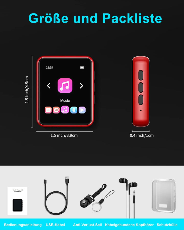 32GB MP3 Player Bluetooth 5.0, HiFi Lossless Sound Musik Player mit Lautsprecher, Line-in Voice Reco