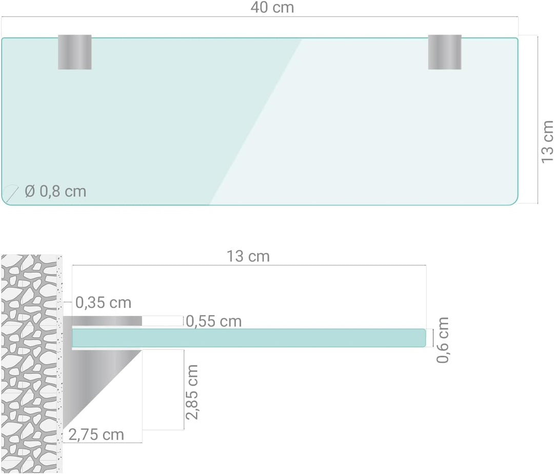 Tulup Glasregal für Badezimmer und Küche 40x13 cm Klarglas 6 mm zum Einhängen Wandmontage Glasboden