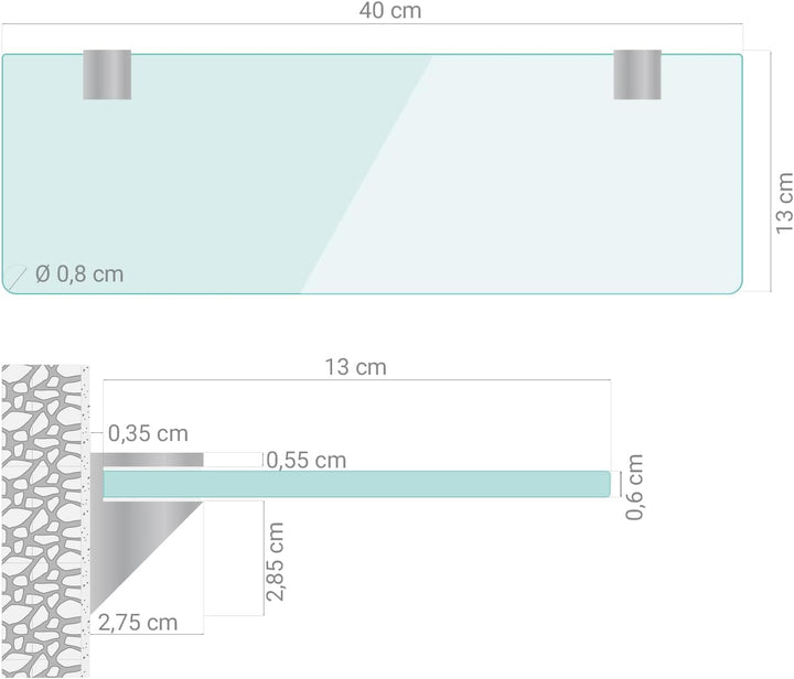 Tulup Glasregal für Badezimmer und Küche 40x13 cm Klarglas 6 mm zum Einhängen Wandmontage Glasboden