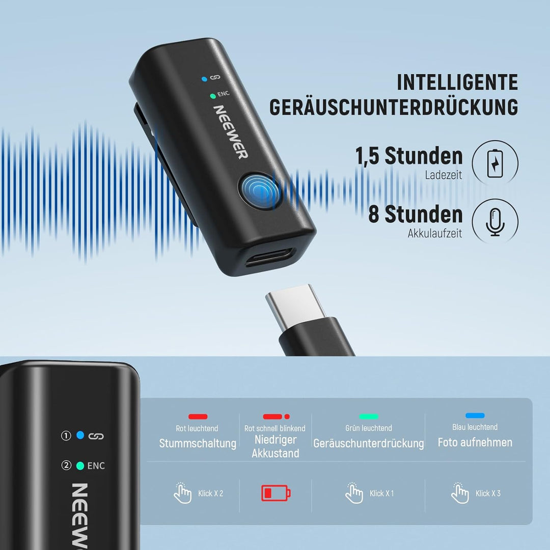 NEEWER Kabelloses Lavalier Mikrofon, 48kHz/24Bit, 8 Std. Akku, Geräuschunterdrückung, omnidirektiona