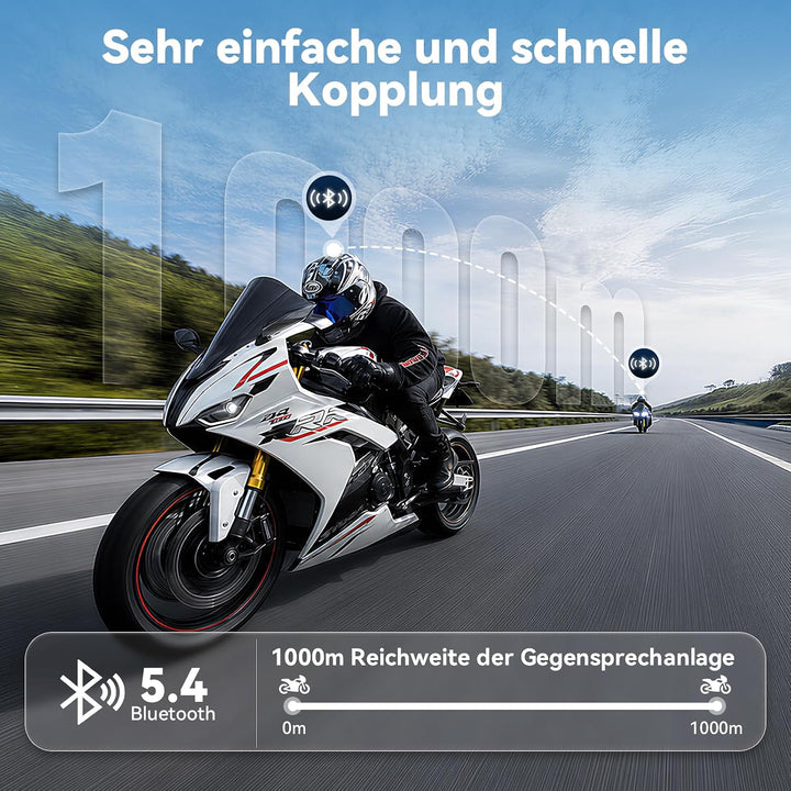 X2 Motorrad Intercom Bluetooth 5.4, 1000m Kommunikation für 2 Fahrer | Helm Headset, Dual-Chip Bluet