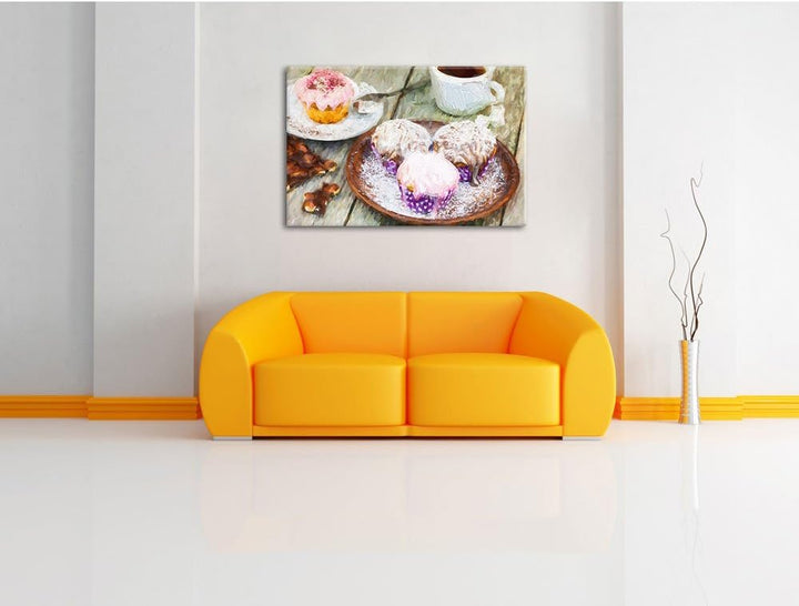 Pixxprint Köstliche Cupcakes / 100x70cm Leinwandbild bespannt auf Holzrahmen/Wandbild Kunstdruck Dek