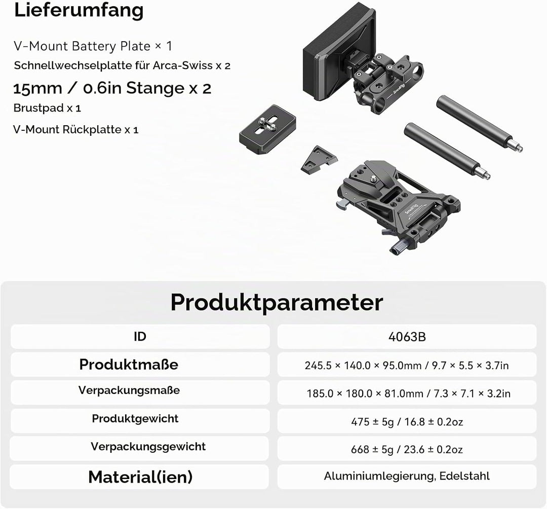 SMALLRIG V-Mount Battery Plate, V-Lock-Akku Mounting Plate mit Schnellwechselplatte für Arca, Brustp