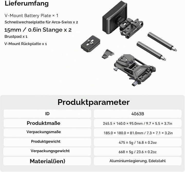 SMALLRIG V-Mount Battery Plate, V-Lock-Akku Mounting Plate mit Schnellwechselplatte für Arca, Brustp