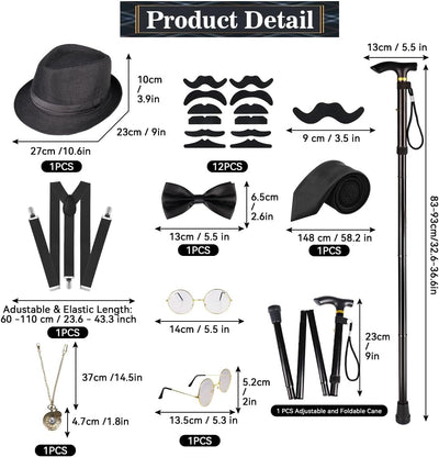 WILDPARTY 20er Jahre Kostüm Herren Accessoires, Faltbarer Krücken Metall, Fedora Hut, Gläser, Fliege