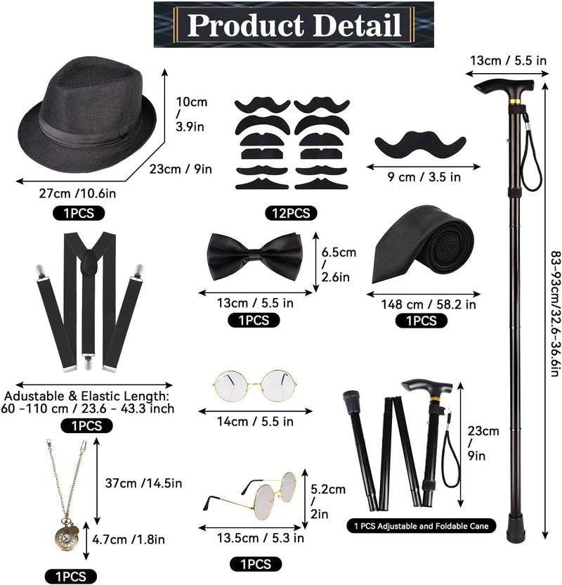 WILDPARTY 20er Jahre Kostüm Herren Accessoires, Faltbarer Krücken Metall, Fedora Hut, Gläser, Fliege