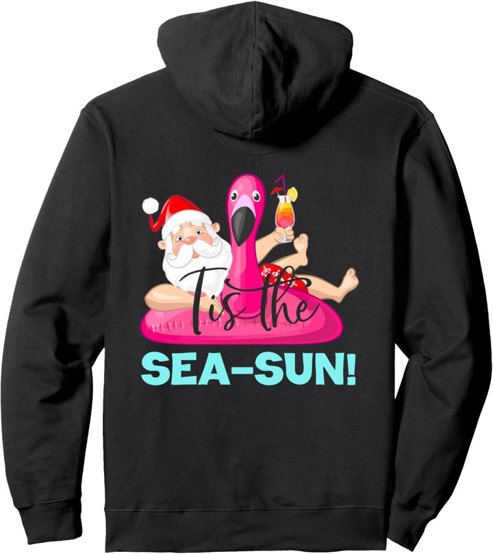 Santa Claus Flamingo Float Tis the Sea-Sun Christmas in July Pullover Hoodie