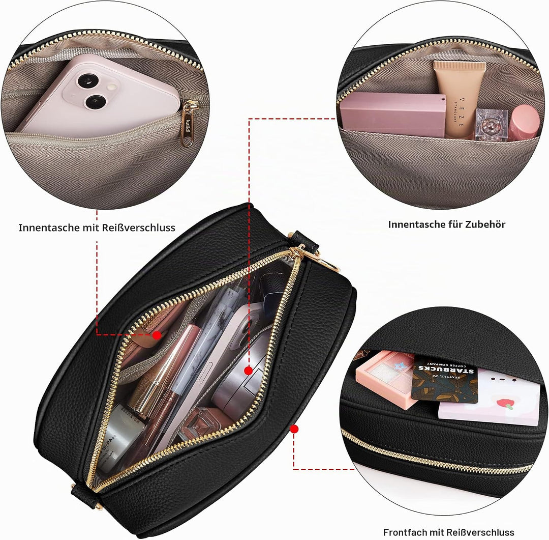 KALIDI Damen Umhängetasche, stylisch Veganem Leder Breiter Gurt Crossbody Schultertasch mit 2 abnehm