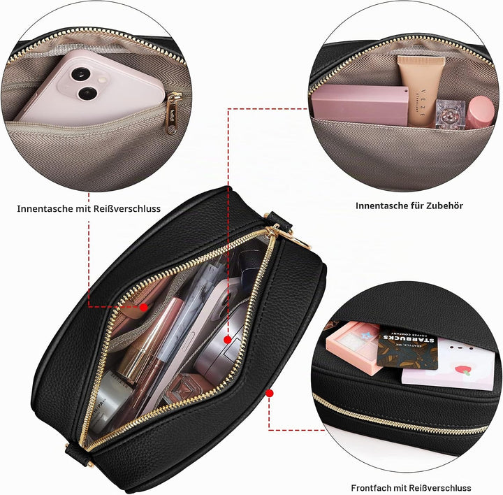 KALIDI Damen Umhängetasche, stylisch Veganem Leder Breiter Gurt Crossbody Schultertasch mit 2 abnehm