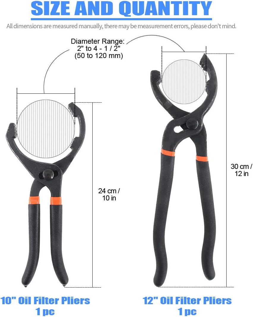 Glarks 2Pcs 10" and 12" Long Handle Grip Oil Filter Pliers Set Adjustable Angle Hand Oil Filter Wren
