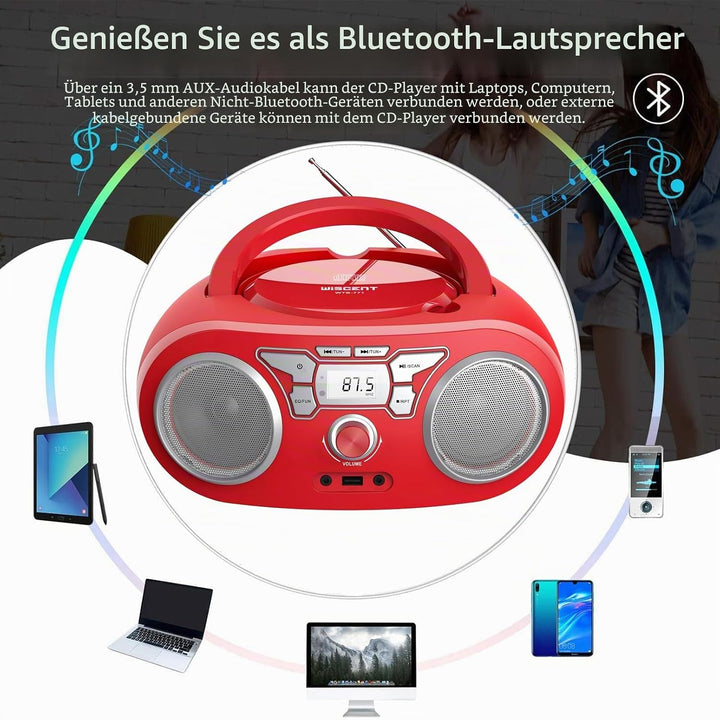 Tragbares Radio – mit CD-Player, Bluetooth Boombox, UKW-Radio, Fernbedienung, USB/AUX-Eingang, Kopfh