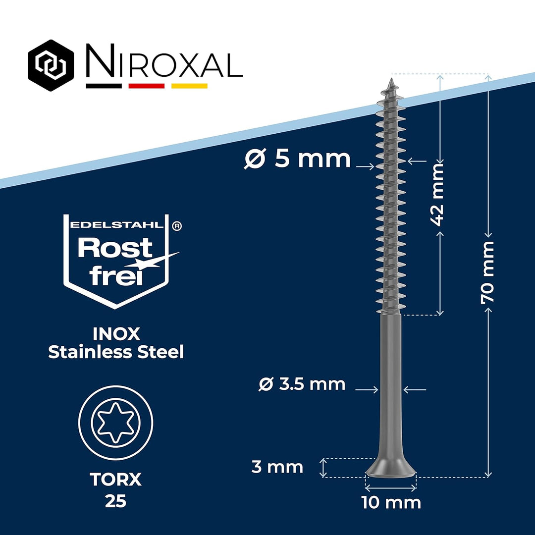 Schrauben Torx Edelstahlschrauben 5x70 Edelstahl V2A rostfrei Spanplattenschrauben für Holz Teilgewi