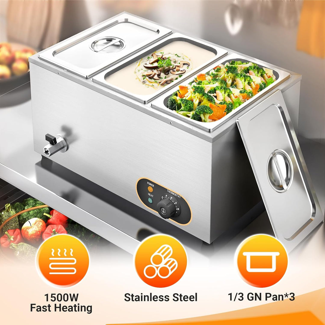MOOTACO Bain Marie Speisenwärmer Wasserbad Gastro GN-Behältern 1/3 * 3 Warmhalter Edelstahl mit Abla