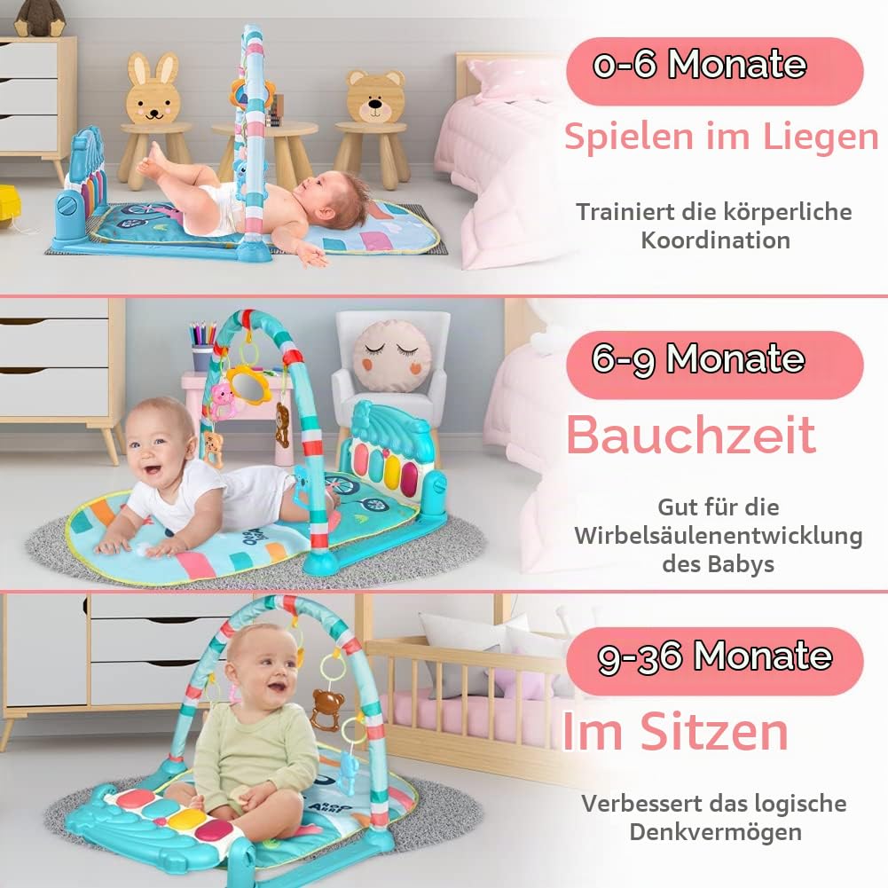 AOMIG Piano-Gym Spieldecke, Krabbeldecke mit Musik und Lichtern, Spielmatte mit Spielbogen abnehmbar