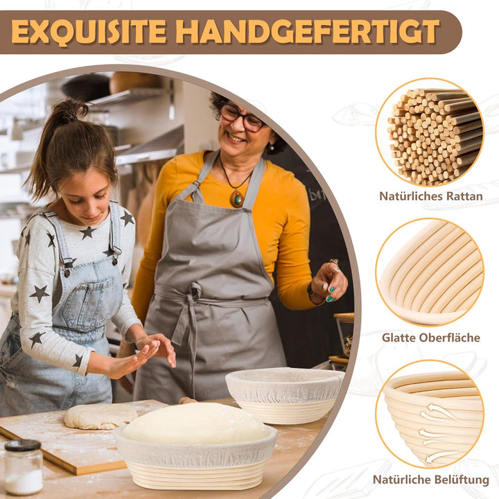 HaWare Gärkörbchen, Gärkorb Brot Set (25cm Oval & 23cm Rund) mit Futter, Bäckermesser, Dänischer Sch