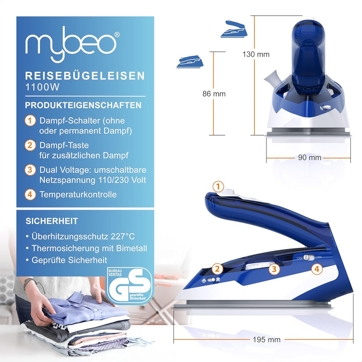 MyBeo - Reisebügeleisen 1100W - Dampfbügeleisen - Dual-Voltage 110/230 Volt – mini Bügeleisen mit an