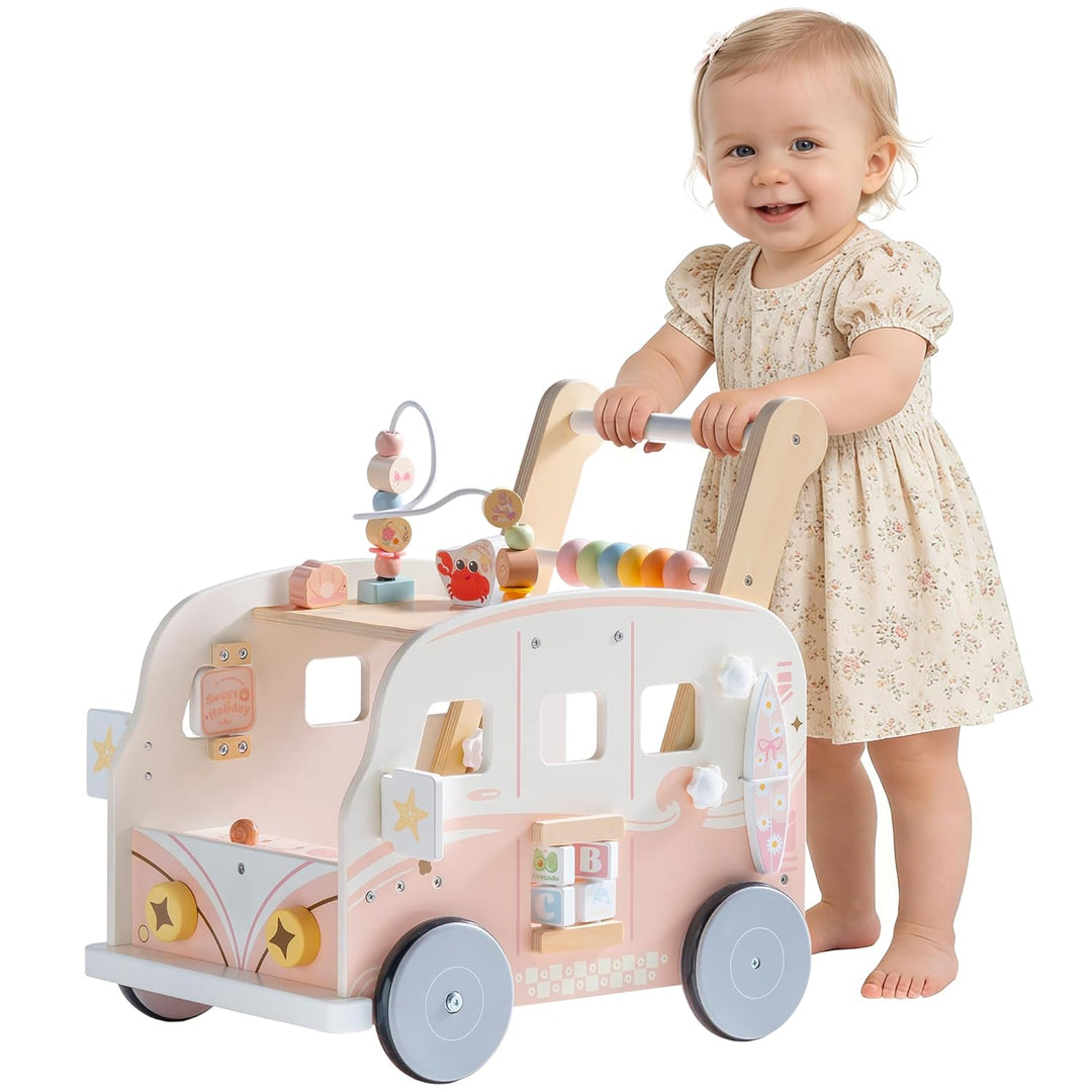 ROBOTIME Holz Baby-Lauflernwagen, Multifunktionale Aktivitäts-Lauflernhilfe mit Höhenverstellung und