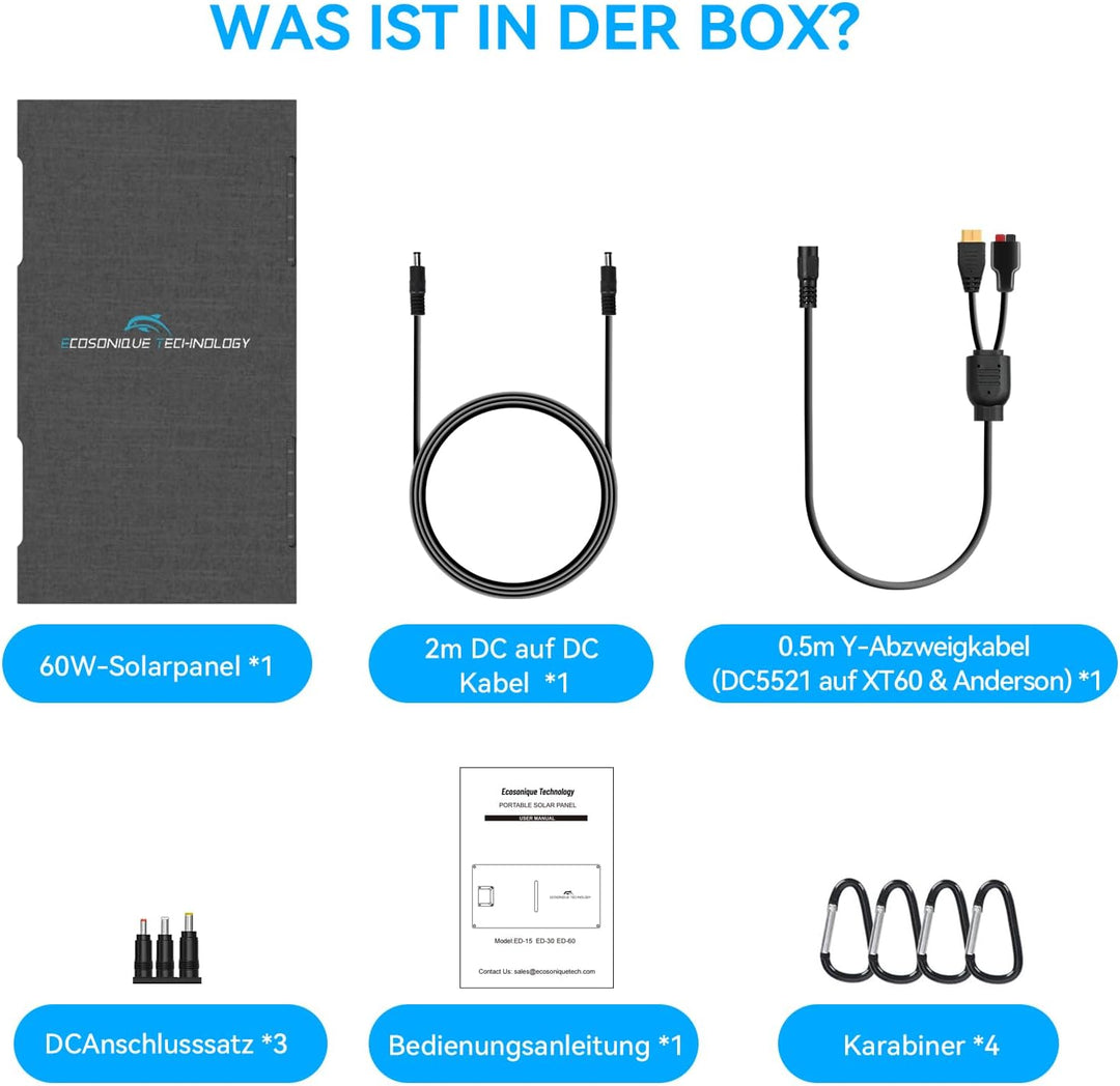 Ecosonique 60W Tragbares Faltbares Solarpanel mit ETFE 23% Wirkungsgrad, USB-C PD3.0 & USB-A QC3.0 S