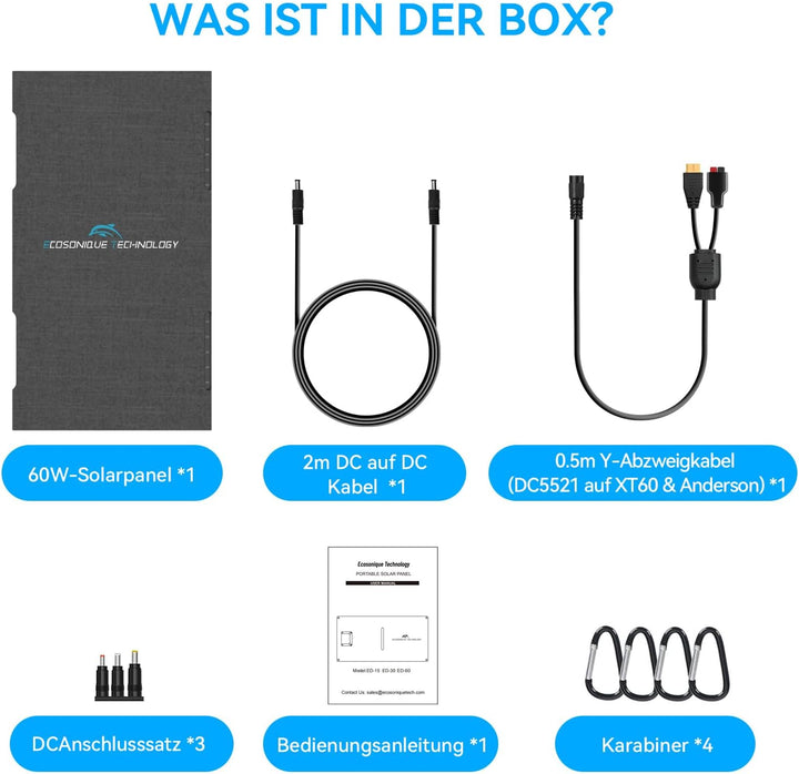 Ecosonique 60W Tragbares Faltbares Solarpanel mit ETFE 23% Wirkungsgrad, USB-C PD3.0 & USB-A QC3.0 S