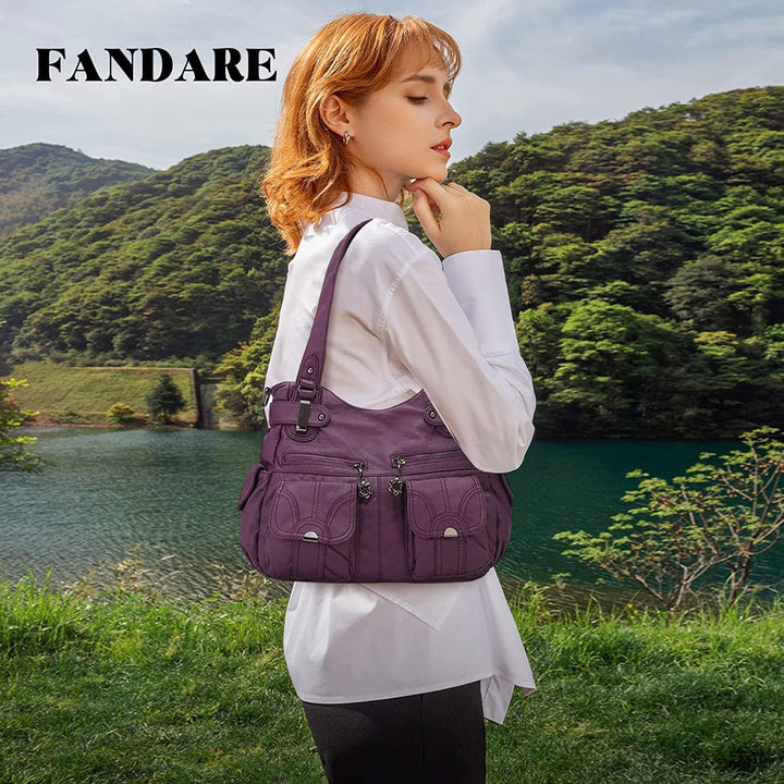 FANDARE Gross Schultertasche Damen Umhängetasche Frauen Vintage Schulranzen Wasserdicht PU Leder Wom