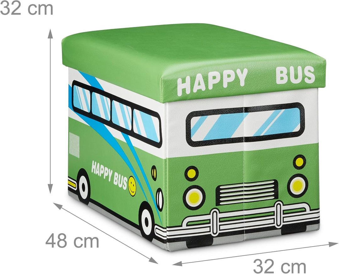 Relaxdays Faltbare Spielzeugkiste Happy Bus HBT 32 x 48 x 32 cm stabiler Kinder Sitzhocker als prakt