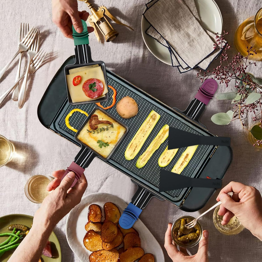 8er Set Raclette Pfännchen antihaftbeschichtet, Mini Grill Pfännchen Ersatz mit 8 Schaber und buntem