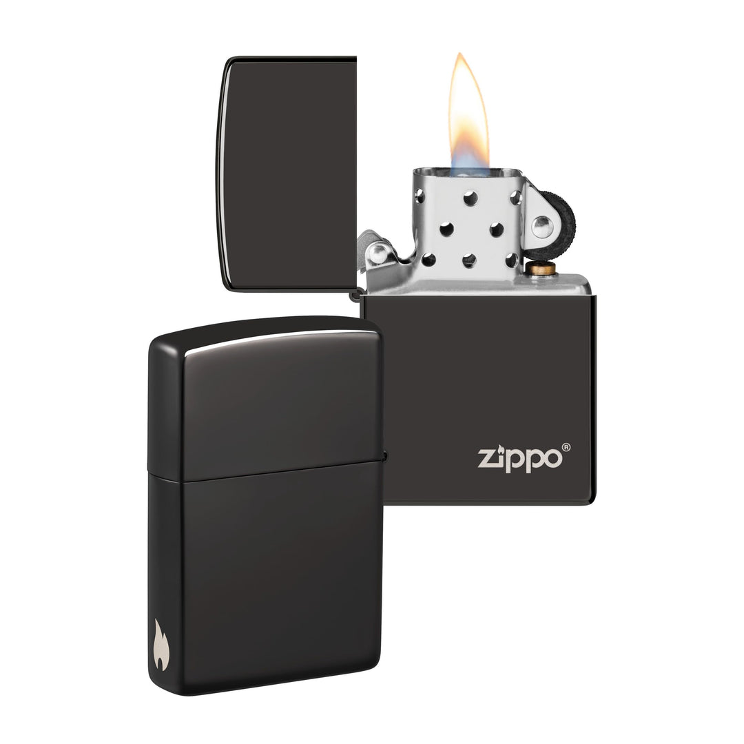 ZIPPO - High Polish Black mit Logo - nachfüllbares Sturmfeuerzeug in hochwertiger Geschenkbox (schwa