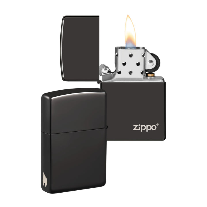 ZIPPO - High Polish Black mit Logo - nachfüllbares Sturmfeuerzeug in hochwertiger Geschenkbox (schwa