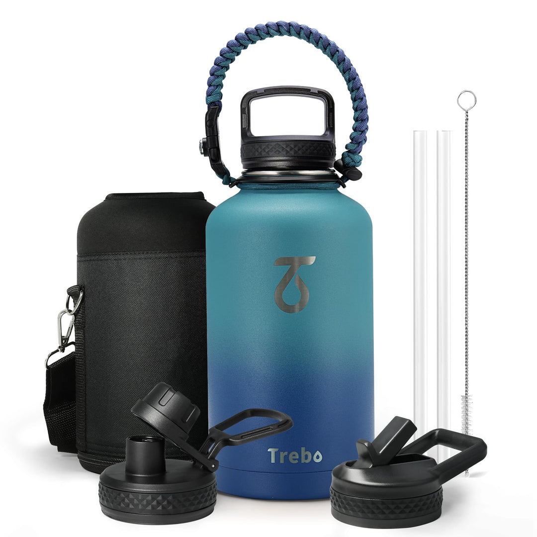 Trebo Isolierte Wasserflasche, 1,8 l, Metall-Vakuum-Wasserkrug mit Griff und 3 Deckeln, auslaufsiche
