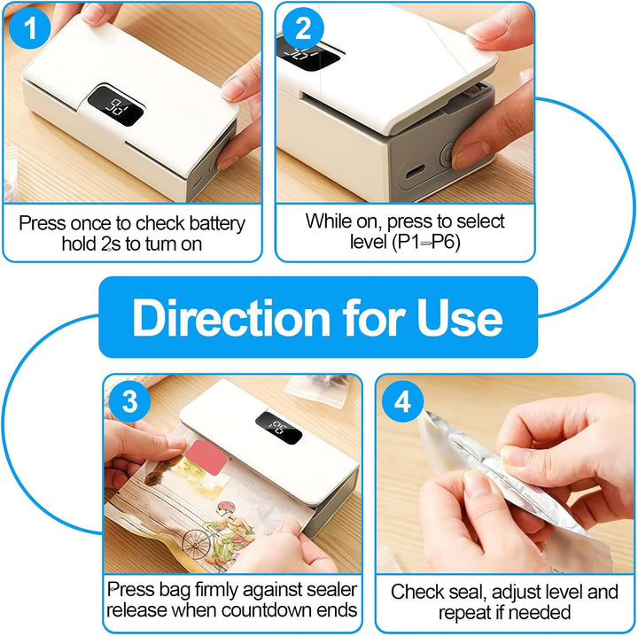 Mini Folienschweissgerät USB-C Aufladbar, 2 in 1 Tütenverschweisser mit Cutter, 6 Verstellbaren Gäng