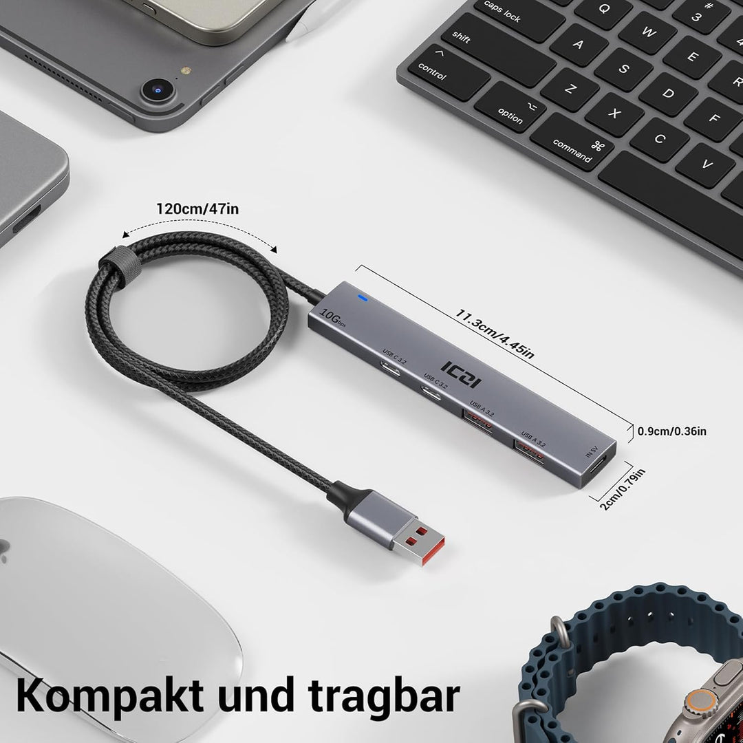 ICZI USB Hub 3.2 Verteiler 4 Port 10Gbps Mehrfachstecker USB 3.2 Gen 2 Adapter mit 120cm Kabel kompa