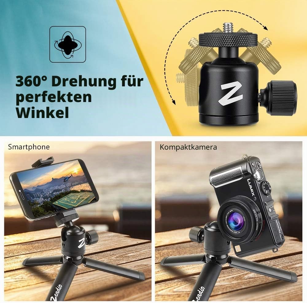 Zeadio Metall Mini Stativ mit Kugelkopfhalterung, mit 1/4 Zoll Schraube Desktop Tischständer Stativ