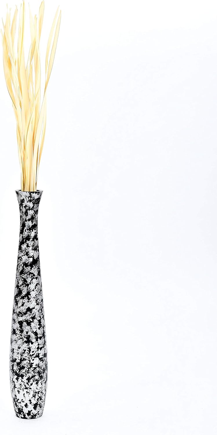 Leewadee Grosse Bodenvase für Dekozweige hohe Standvase Design Holzvase, Holz, 70 cm, Schwarz Silber
