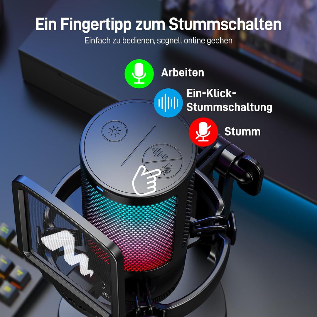 MAONO USB Gaming Mikrofon für PC, Kondensatormikrofon mit RGB-Leuchten für Streaming, Aufnahme, Podc
