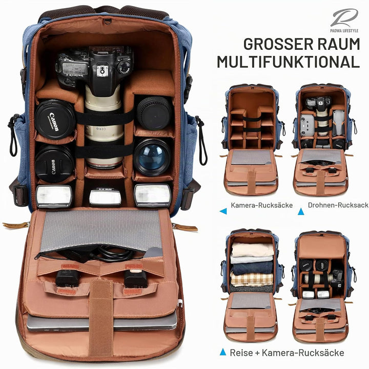 Padwa Lifestyle Kamerarucksack - Gewachstem Memory Canvas Kamerarucksack mit 16“ Laptop-/Objektivfac