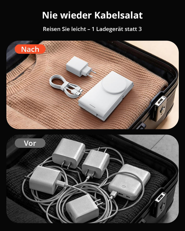 GEEKERA 3-in-1 Faltbar Ladegerät für Mag-Safe, Induktive Ladestation für Apple Watch und iPhone, Ind