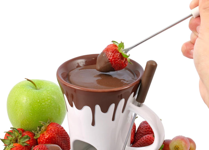 4 tlg. Schokofondueset mini, Kleines Fondue, Schokofondue, Fonduetasse, Tasse, Gabeln, Teelichtfondu