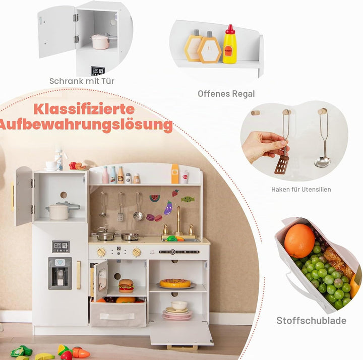 HOMASIS Kinderküche Holz, Spielküche mit beleuchteter Mikrowelle Herd Ofen Spüle Eismaschine Tafel A