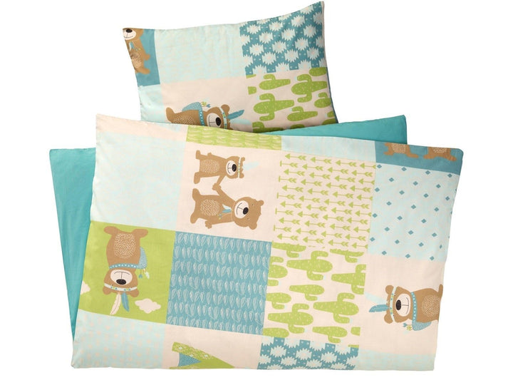 Bio Kinderbettwäsche 100% Bio-Baumwolle (kbA) GOTS zertifiziert, Patchwork Bär, 100 x 135 cm / 40 x