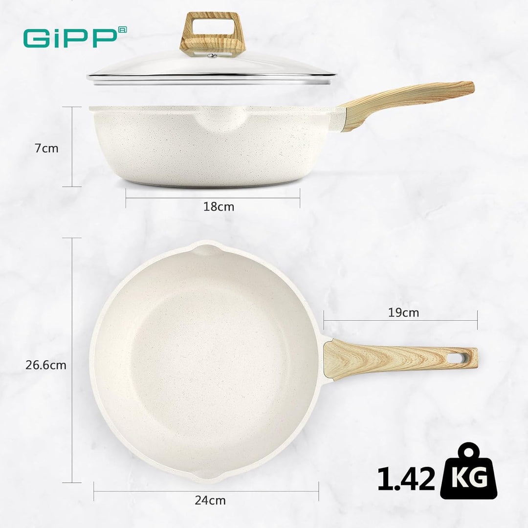GiPP 24 cm Wokpfanne mit Deckel, Antihaft Pfanne mit Deckel 24cm Hoher Rand, Granit-Antihaftbeschich