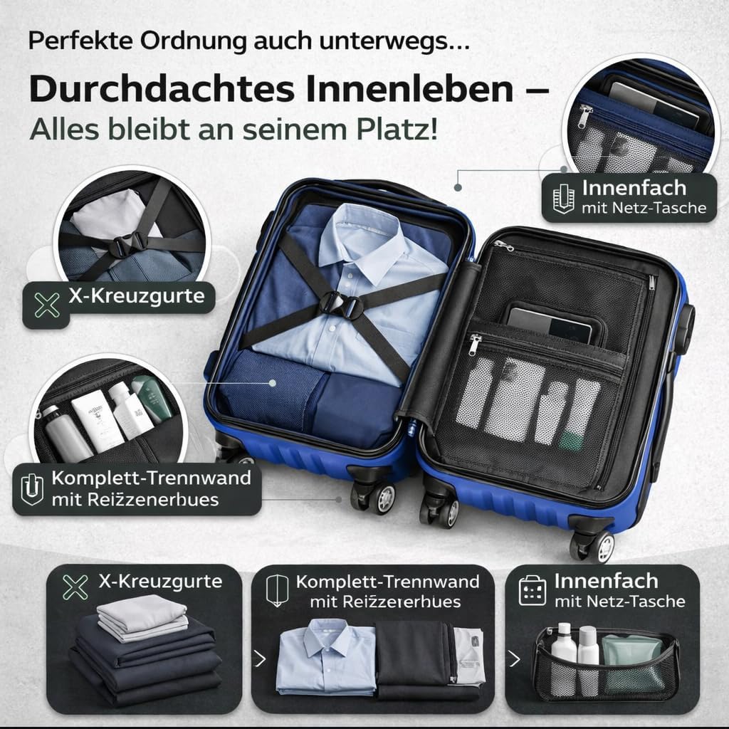 POSH Koffer mittelgross aus ABS - Leichter Hartschalen Trolley 65x45x25 cm - Reisekoffer 62L mit Zah
