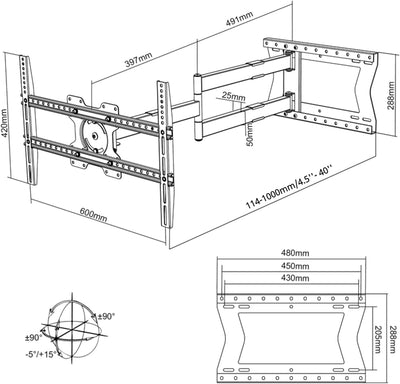 Nanook 2100 Langarm-TV-Wandhalterung für 42-75-Zoll-Fernseher, Extra langer Auszug bis zu 100 cm, St