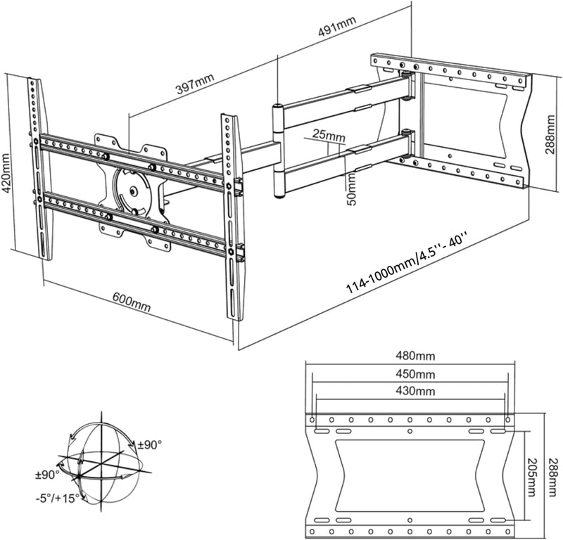 Nanook 2100 Langarm-TV-Wandhalterung für 42-75-Zoll-Fernseher, Extra langer Auszug bis zu 100 cm, St