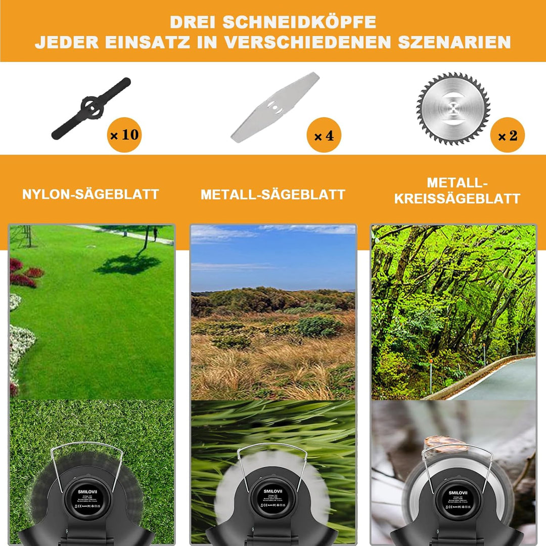 SMILOVII Rasentrimmer Mit Akku, Motorsense akku Mit 2x2000mAh Batterie, 6X Metallklinge & 10x Kunsts